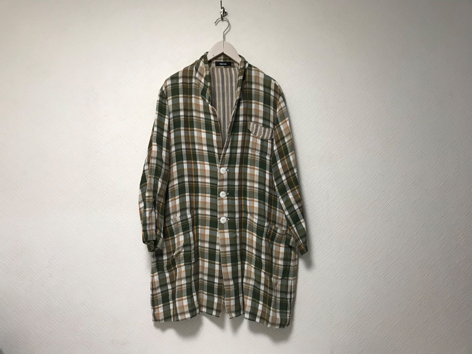 本物ネネットNe-netコットンガーゼチェックチェスターコートジャケット長袖サーフアメカジスケーターストリートミリタリービジネススーツパーティーモードドレスゴルフメンズ緑グリーン白2M