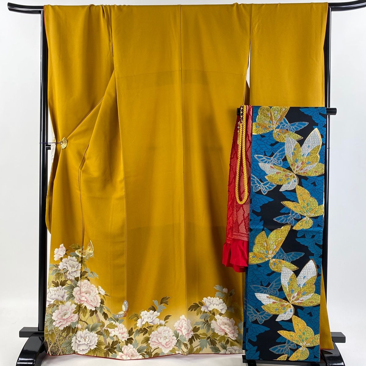 振袖 身長157-172cm 抹茶 正絹 振袖 身丈164cm 裄丈67cm M 袷 蝶 桜 金彩 ぼかし 薄緑 正絹 美