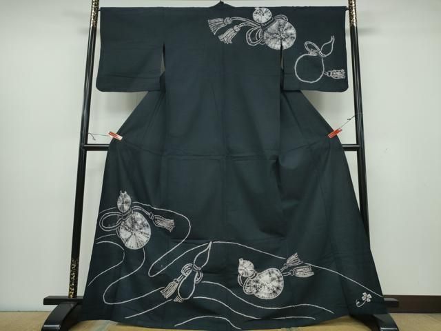 平和屋着物∴夏物 訪問着 浴衣兼用 絞り 瓢箪 黒地 綿 CAAY4665ng