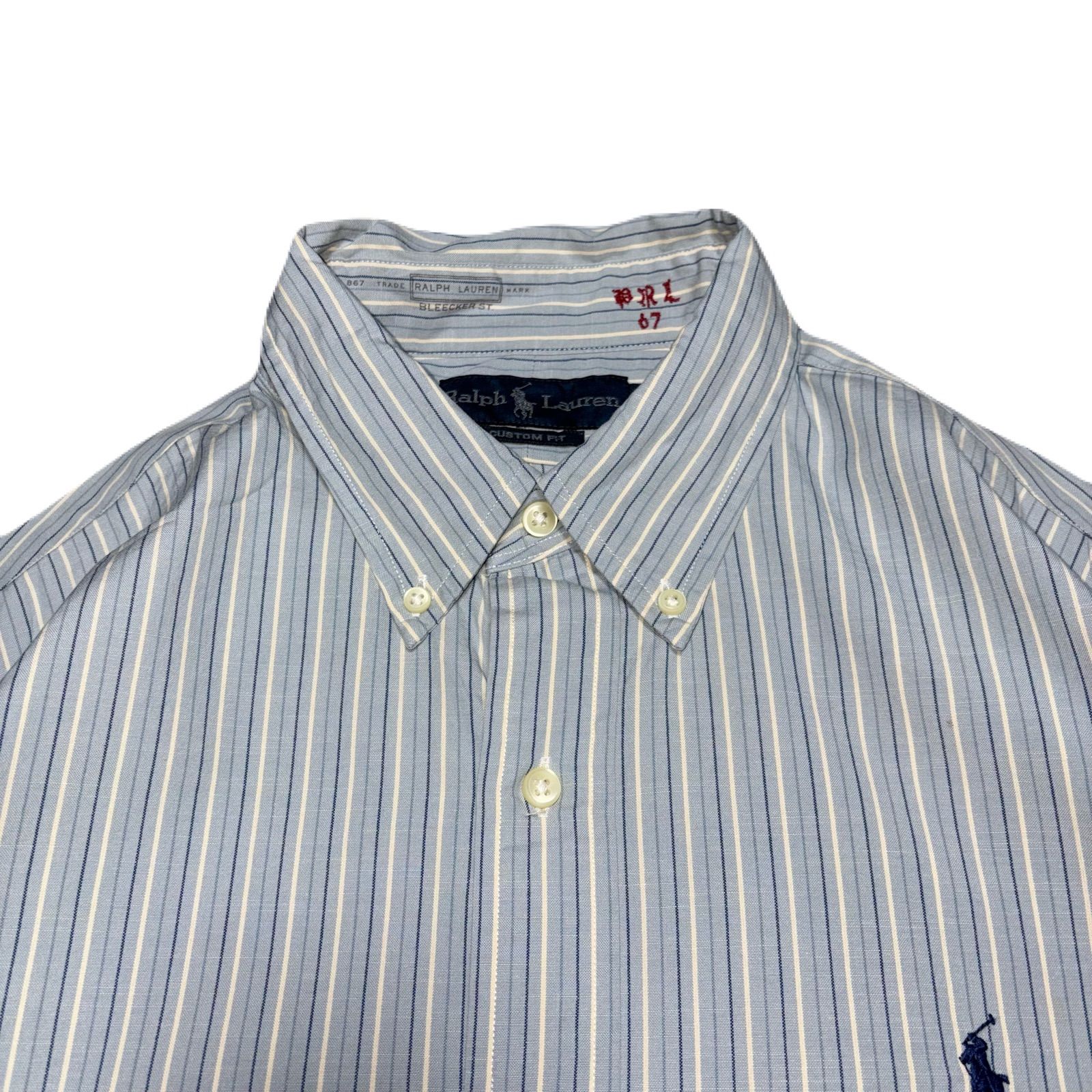RalphLauren ラルフローレン CustomFit カスタムフィット BDシャツ ボタンダウン StripedPattern ストライプ柄 EmbroideredLogo 刺繍ロゴ Cotton コットン Blue ブルー 青 L