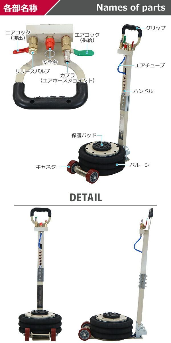バルーンジャッキ 低床タイプ エアーバルーンジャッキ 3段 能力約3t 約3.0t 約3000kg ハンドル3段階調節 エアー式 エアージャッキ フロアジャッキ ベローズ式ジャッキ ガレージジャッキ トラック ジャッキ ジ abl-jack-t103a-3t