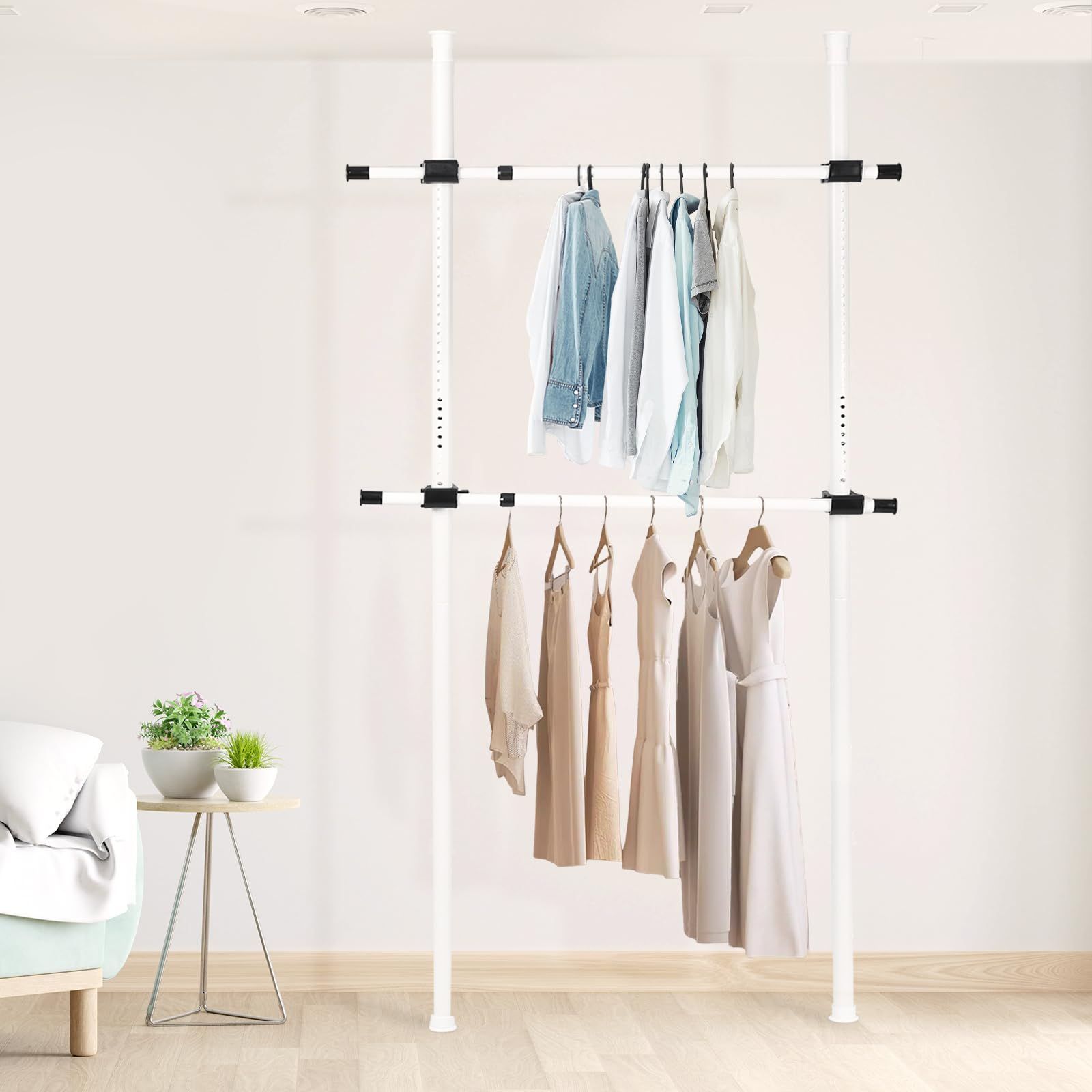 【人気商品】組立品 表面みがきずな工芸 衣類収納 説明書付き 横伸縮可能（約70-120cm） 高さ調整可能（約110-310cm） 総耐荷重100kg ダブル (ホワイト) 突っ張り ハンガーラック DEWEL
