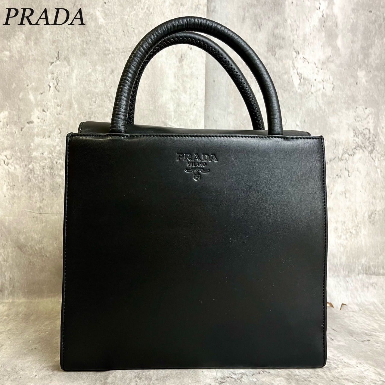 ☆美品☆PRADA プラダ ミニボストン トートバッグ ロゴ型押し レザー 