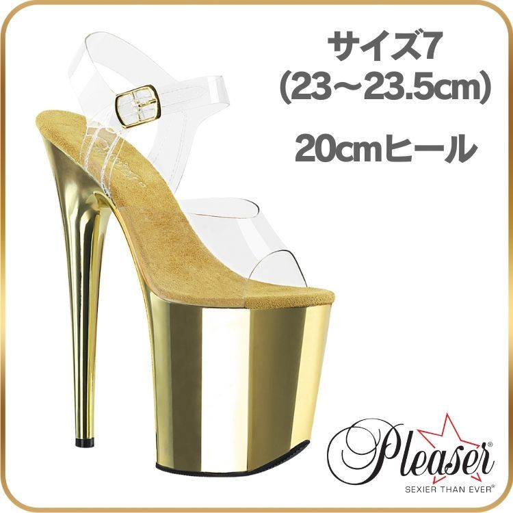 23 23.5 20cm ヒール 厚底 キャバ サンダル Pleaser プリーザー ハイヒール ピンヒール ポールダンス ストラップ 厚底サンダル クリア 金色 ゴールド クロム レディース 20cmヒール 20センチ ヒール FLAM808|C|GCH