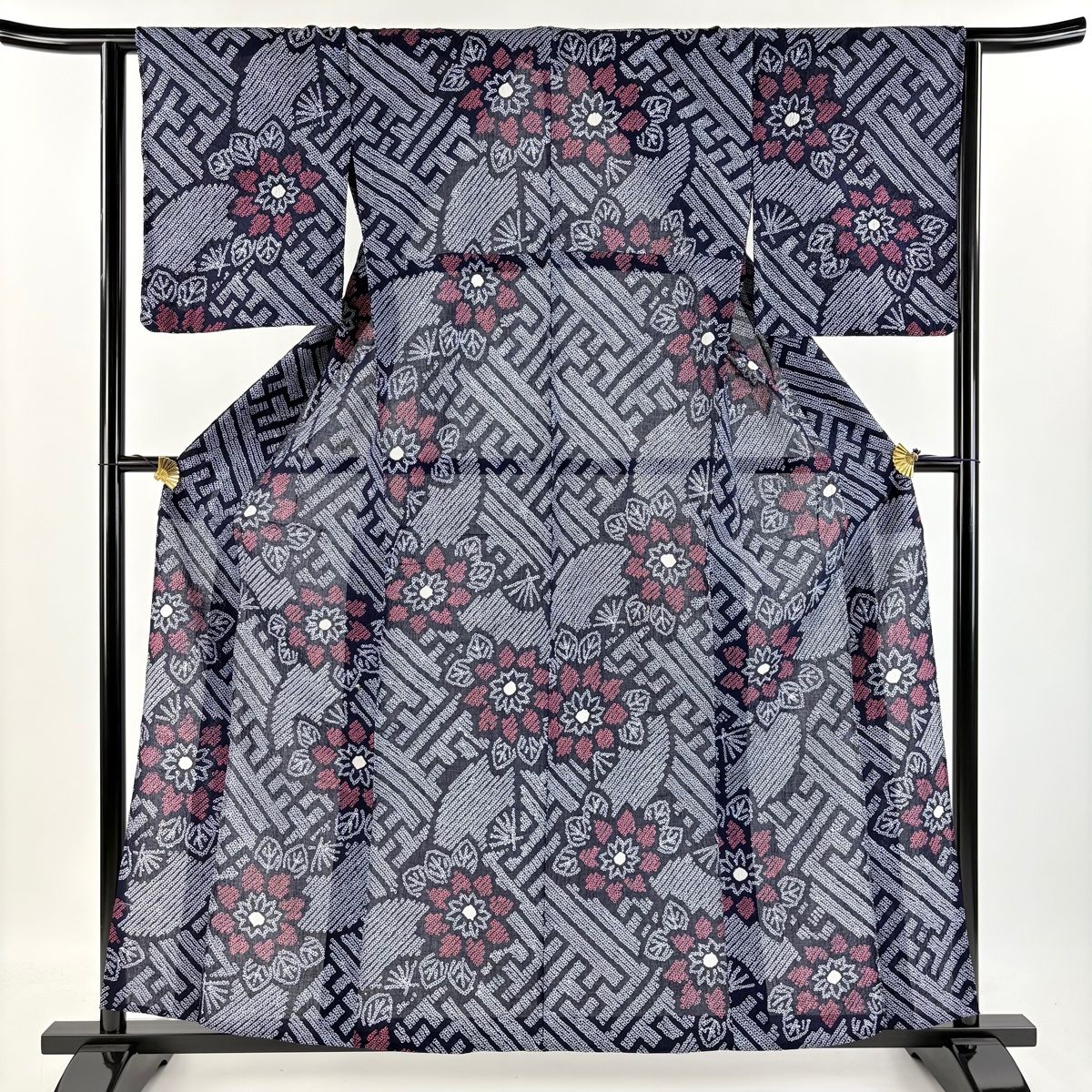 浴衣 身丈158cm 裄丈63.5cm S 絞り浴衣 草花 紺色 綿 美品 名品