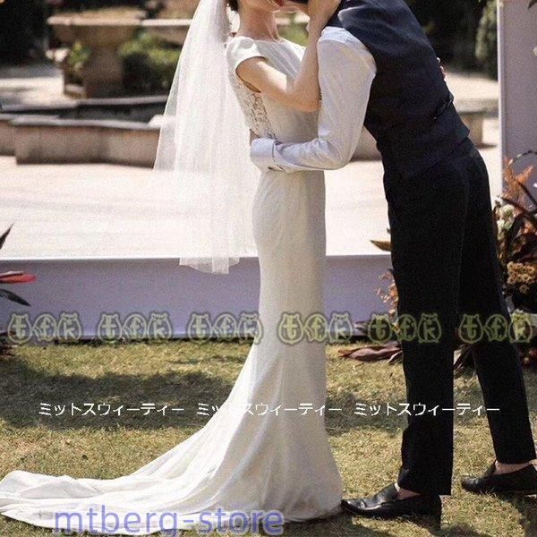 ウェディングドレス ロングドレス マーメイドライン トレーン 結婚式 ウエディングドレス 二次会 花嫁 前撮り レース エレガント サテン リゾート 大人っぽい