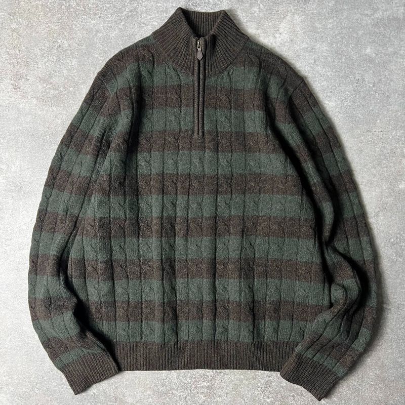 Brooks Brothers 2トーン ボーダー ハーフジップ プルオーバー ラムウール ケーブル ニット セーター L / ブルックスブラザーズ