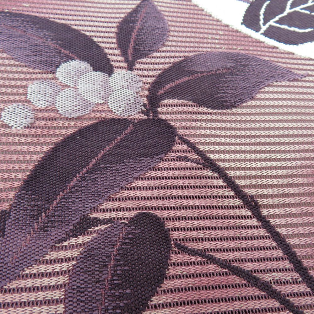 名古屋帯 正絹 絽 夏用 椿と南天柄 紫色 九寸帯 お太鼓柄 カジュアル 