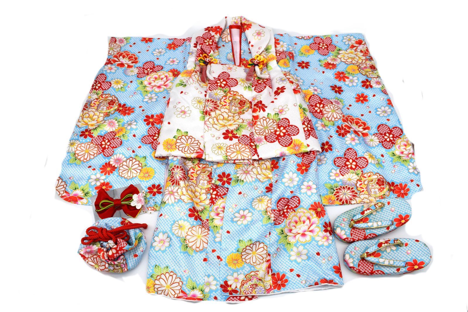七五三 3歳 女の子 被布セット（青地・花柄） 和柄水色花