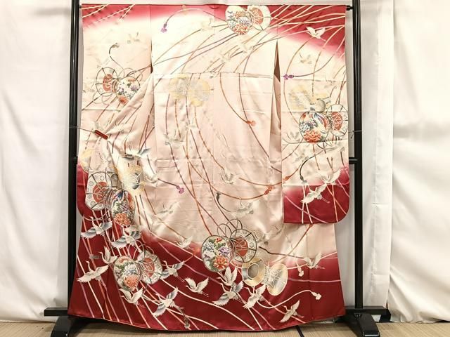 平和屋着物□豪華振袖 駒刺繍 鼓飛鶴花車文 暈し染め 金彩 正絹