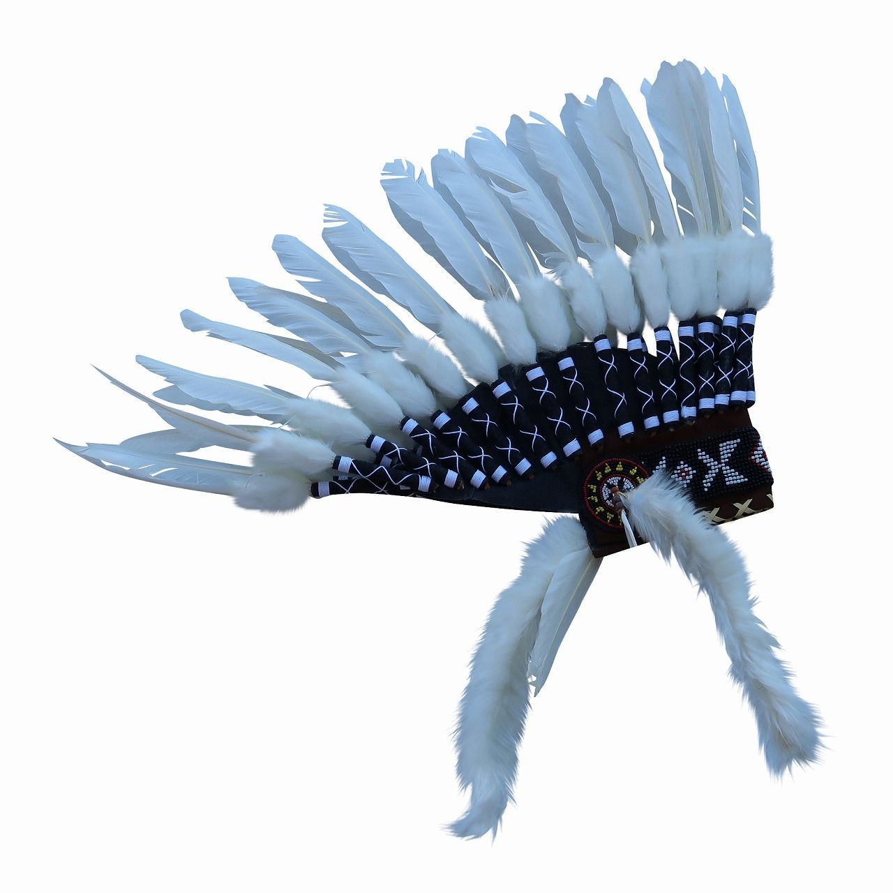 インディアンハット ホワイト ショート ウォーボンネット 羽帽子 被り物 ネーティブアメリカン雑貨 西部劇 ハロウィン コスプレ被り物 仮装パーティ 330896