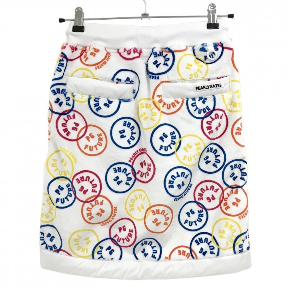パーリーゲイツ ベロアスカート 白×マルチカラー FUTUREニコ 裏ボア ウエストゴム レディース 0 S ゴルフウェア PEARLY GATES