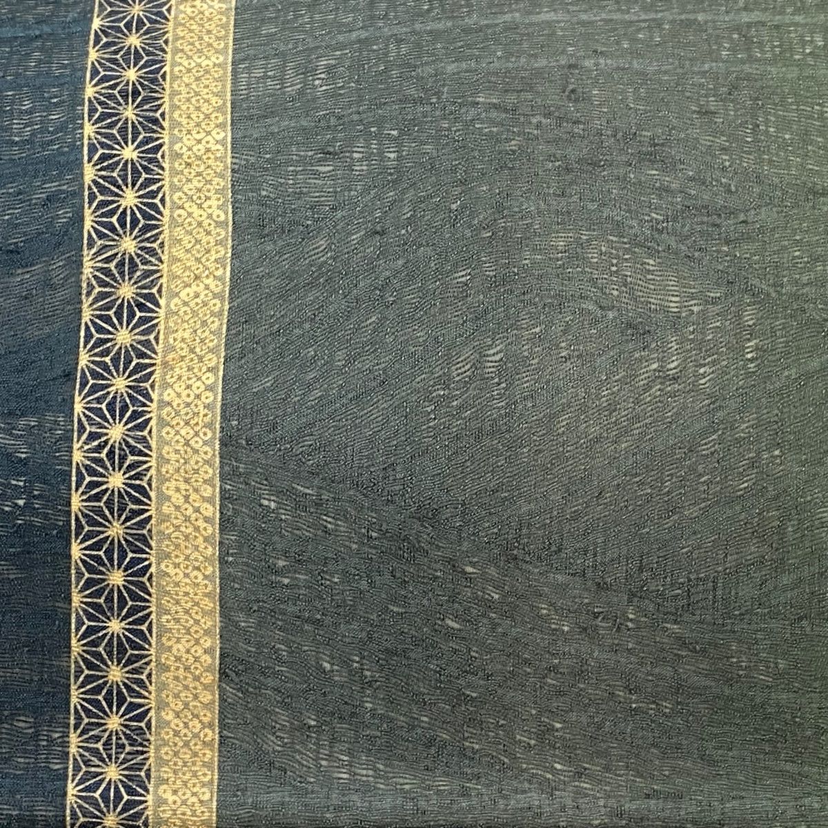 袋帯 秀品 縞 幾何学模様 灰緑 全通 正絹