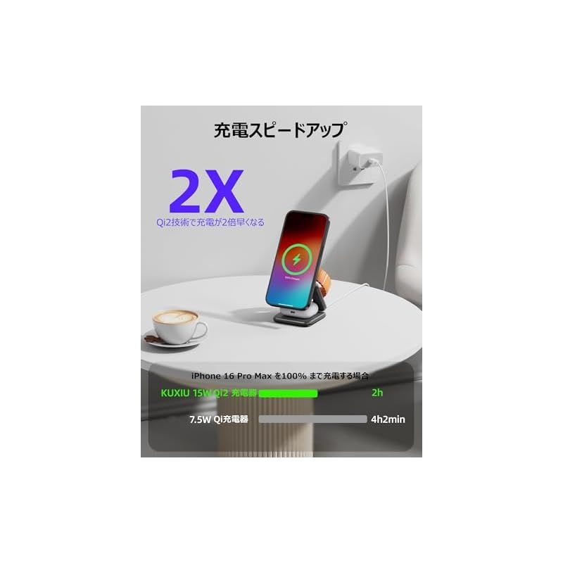 KUXIU Qi2認証済み ワイヤレス充電器 3in1 Qi2 充電器 スタンド Qi2 Magsafeスタンド 置くだけ充電 最大15W 急速充電器 iphone用ワイヤレス充電器 iPhone16|15|14|13|12シリーズ対応 AirPods|ア 1