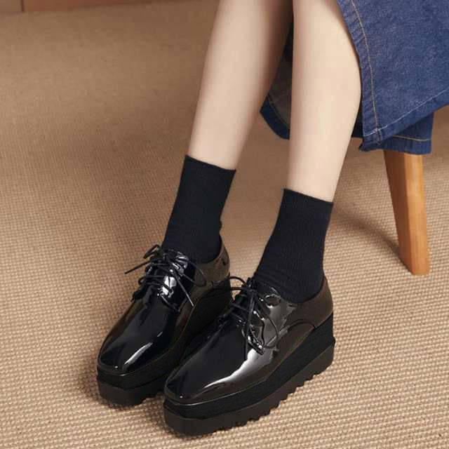 オックスフォード 厚底ウェッジ シューズ 厚底 ウェッジソール レースアップ スクエアトゥ エナメル靴 8cmヒール ウッド おじ靴 プラットフォームシューズ レディース きれいめ 通勤 通学 オフィ pdd5270