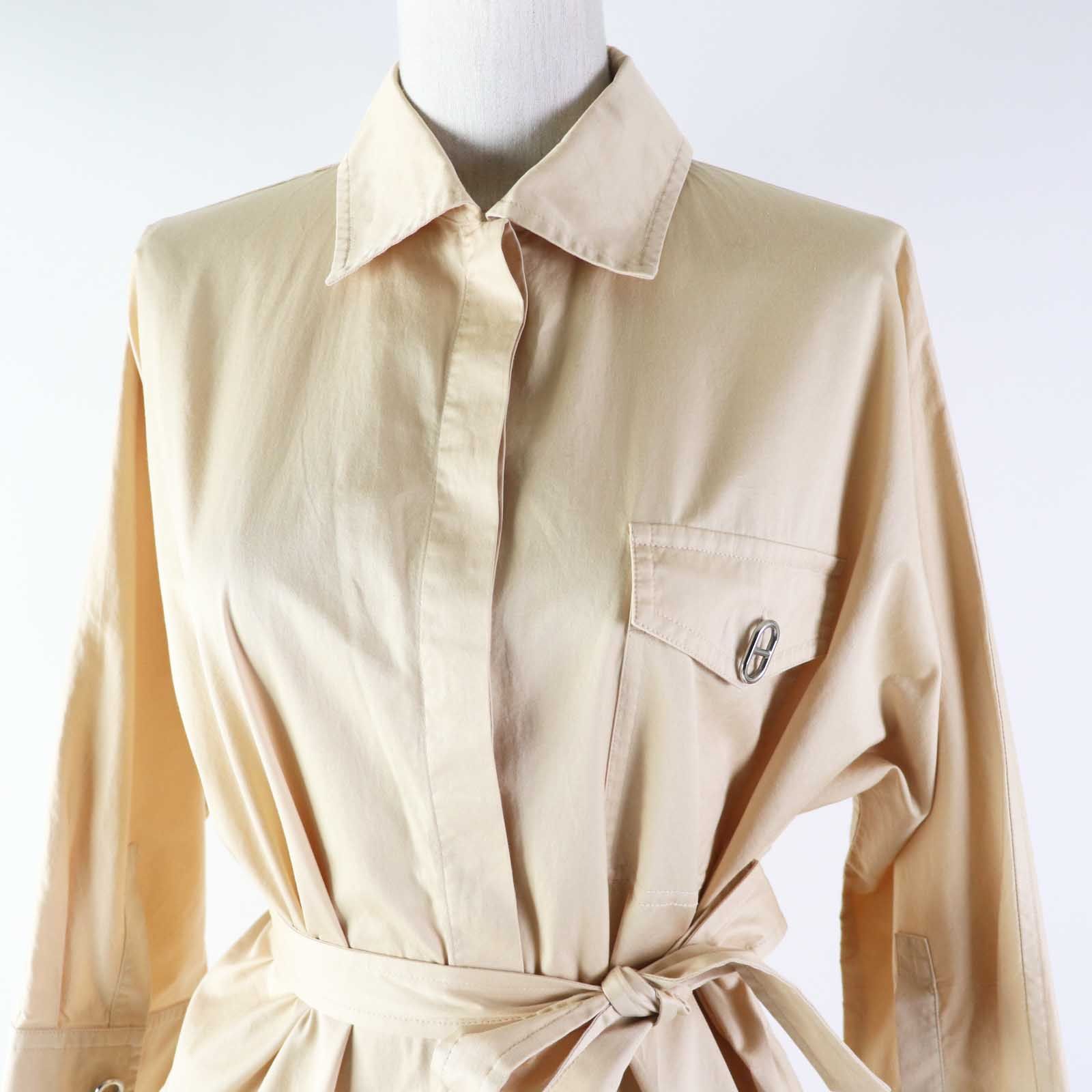 ◎HERMES エルメス 製 3E0548DX コットン シルバー金具 シェーヌダンクル金具 セリエシェルボタン ベルト付き シャツワンピース ベージュ 34 フランス製 レディース