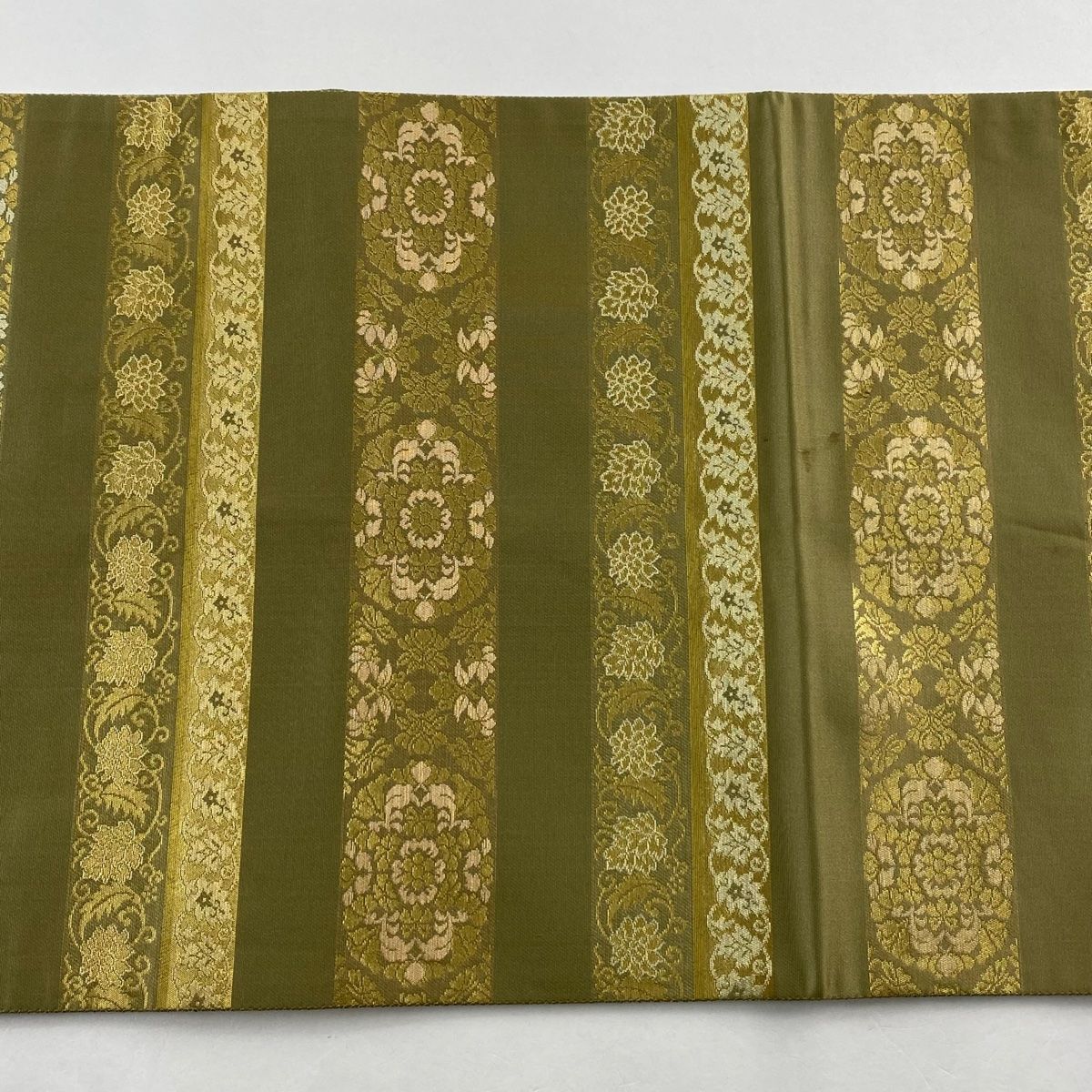 袋帯 秀品 紬地 草花 縞縞 金銀彩 えんじ色 お太鼓柄 正絹 中古