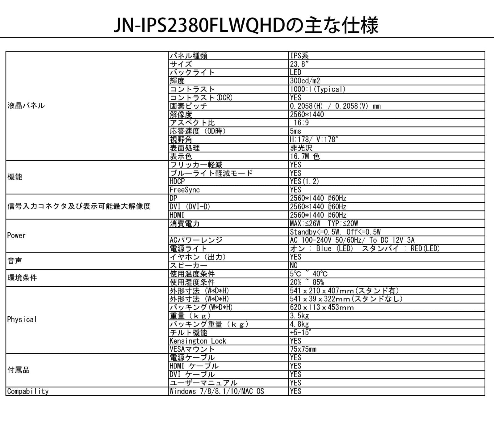 特価商品】23.8インチ液晶ディスプレイ JN-IPS2380FLWQHD フレームレス