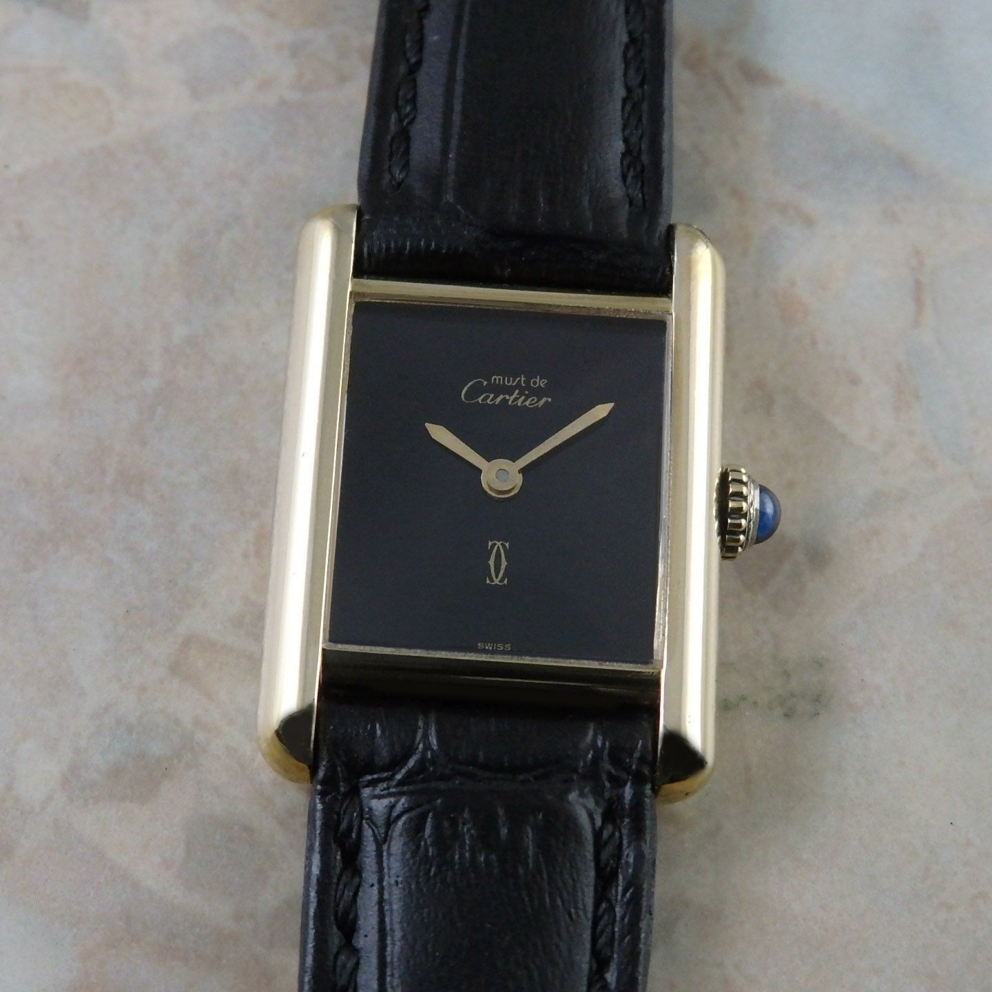カルティエ マストタンク 手巻 腕時計 SM ブラックオニキス文字盤 