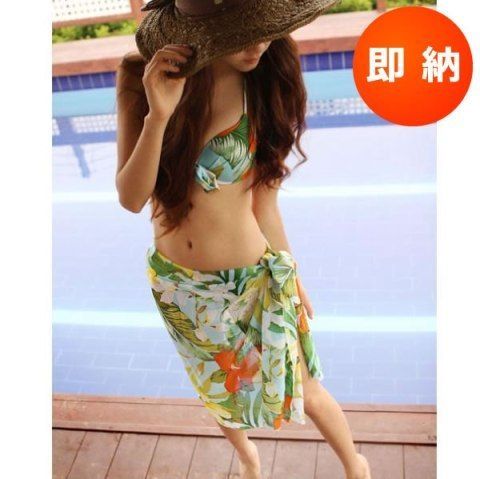 【在庫処分大セール】12F15028　ハイビスカス柄パレオ付きビキニセット水着M