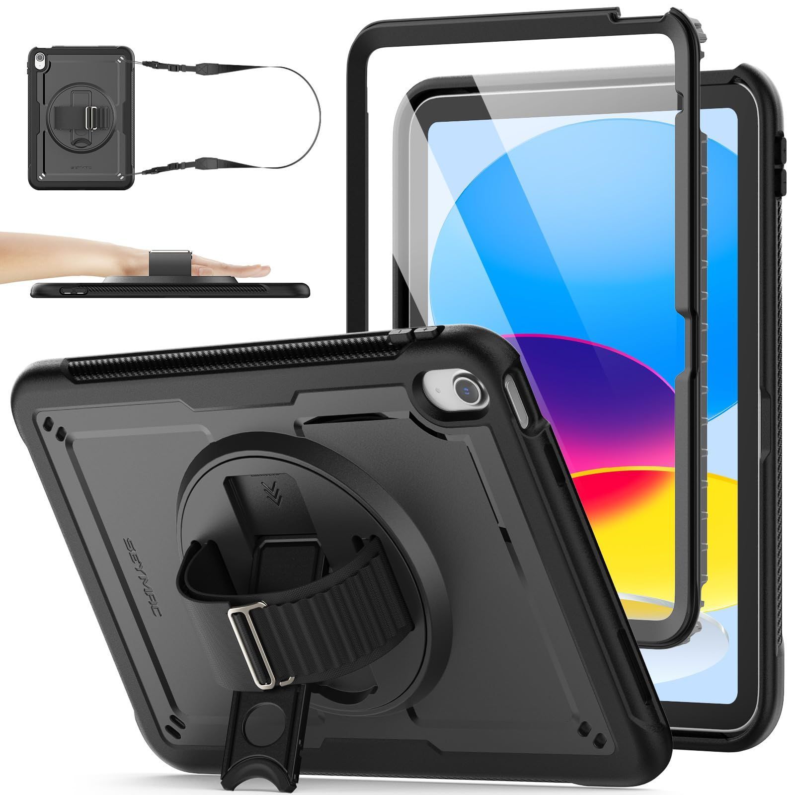 数量 iPad A 16 第11世代11インチ 第10世代10.9インチ ケース 耐衝撃 stock Gフック式ハンドストラップ 360°回転スタンド ペン収納 ショルダーストラップ SEYMAC フィルム付き前面フレーム 全面保護カバー ブラック