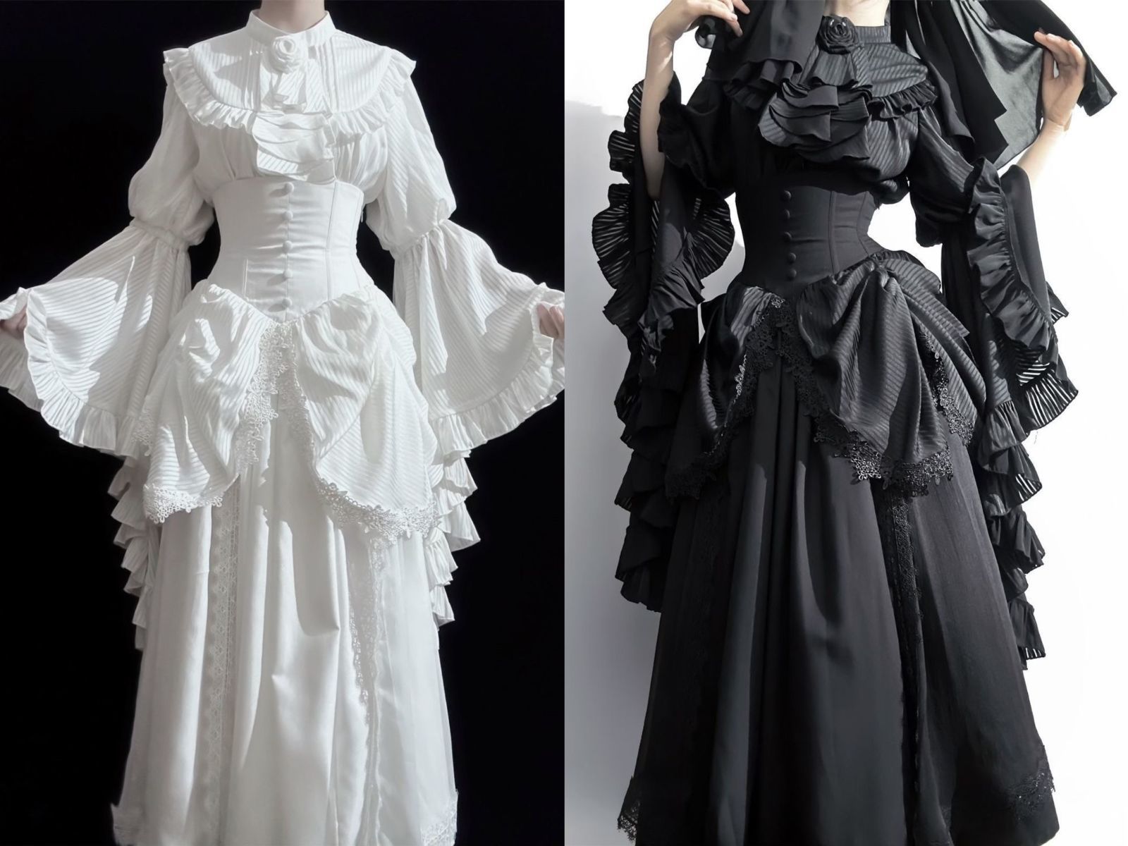 Lolitaゴシックエレガント ロングスカート-姫袖ブラウスセット 華ロリ 黒ロリ 長袖 春 秋 冬 レース 姫袖 ブラウス ゴシック風ロリータ ハイウエスト フリル ボリューム ロングスカート 華やか 貴族風 学園祭 文化祭 パーティー 舞台衣装