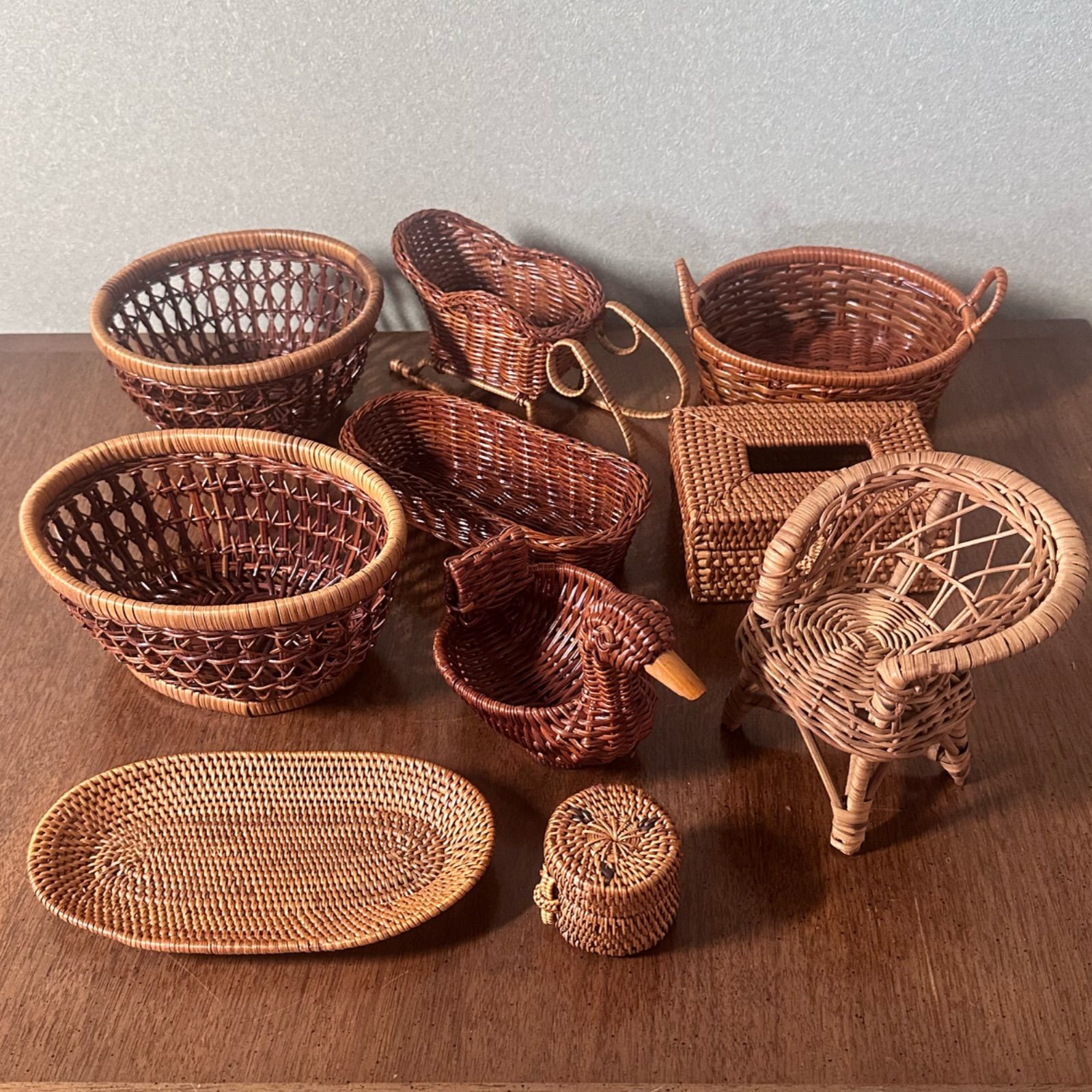 アタ製 アタ素材 ラタン 10点セット まとめて 卓上サイズ 置物 籠 カゴバスケット小物入れ プランター ミニ