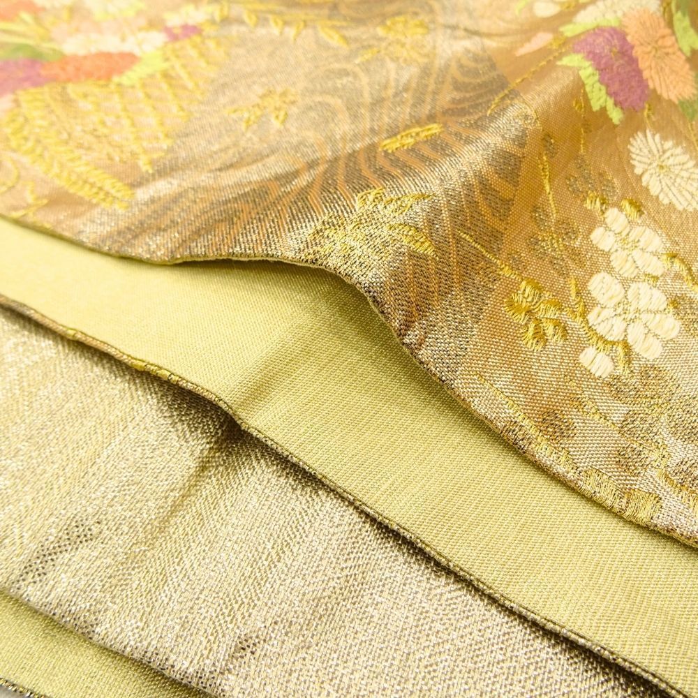 袋帯 振袖用 佐賀錦 花鳥紋様 紗綾形地 鶴に桐紋など ゴールドx