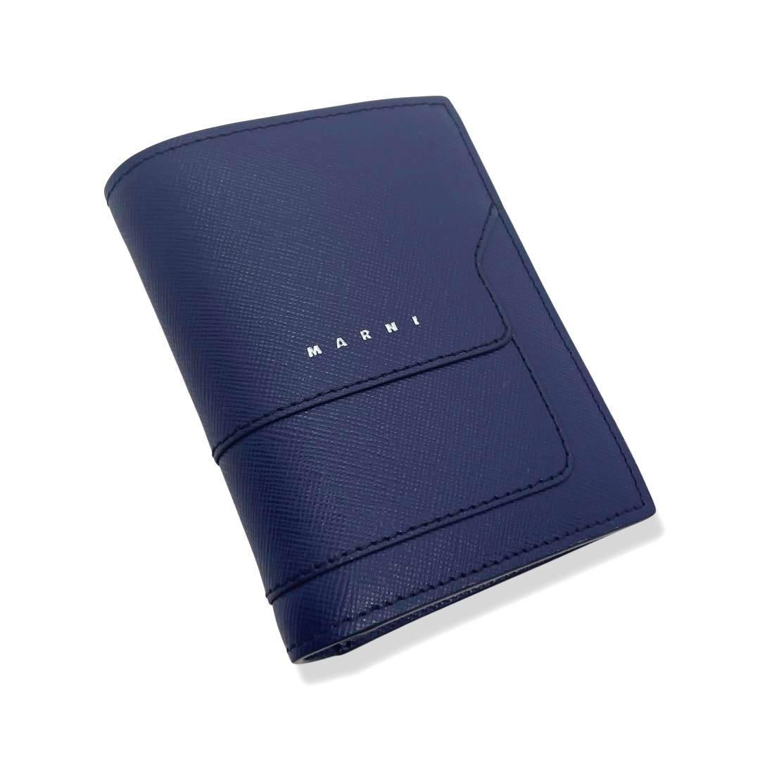 一点物 人気商品 正規品 マルニ 財布 二つ折りブルー サフィアーノ 付属品付サフィアーノレザー仕様