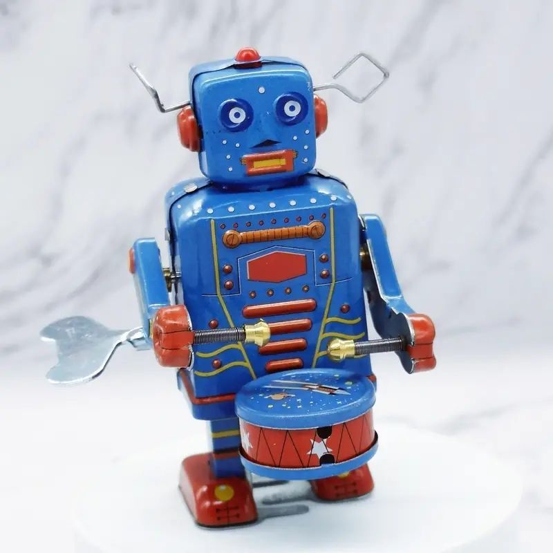 年代物(1960年代頃) ゼンマイ仕掛けのウォーキングロボットさん 香港製 懐かしの時計仕掛けドラミングロボット - ヴィンテージ80年代風
