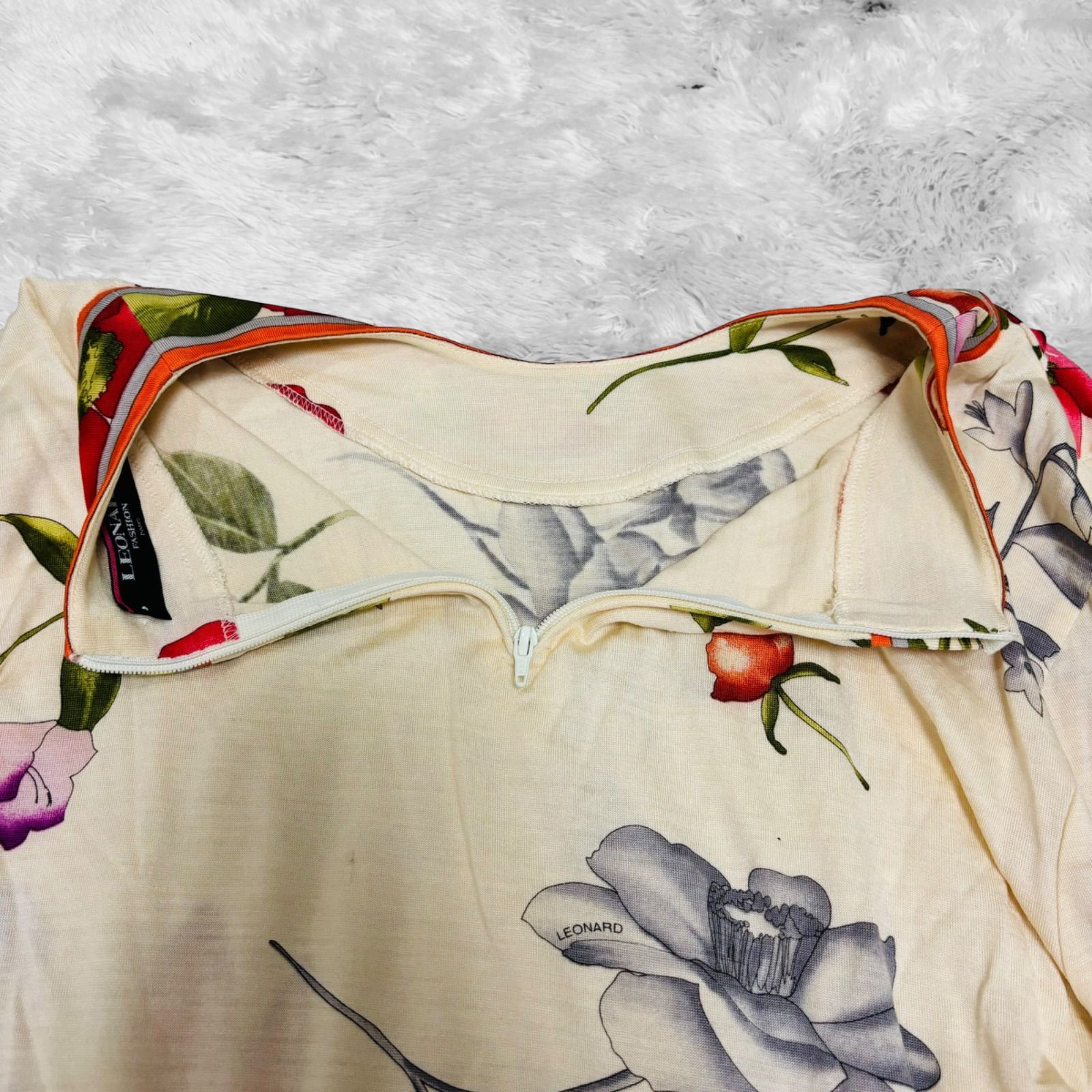 美品 LEONARD レオナール ファッション 七分袖 カットソー シャツ 花柄 
