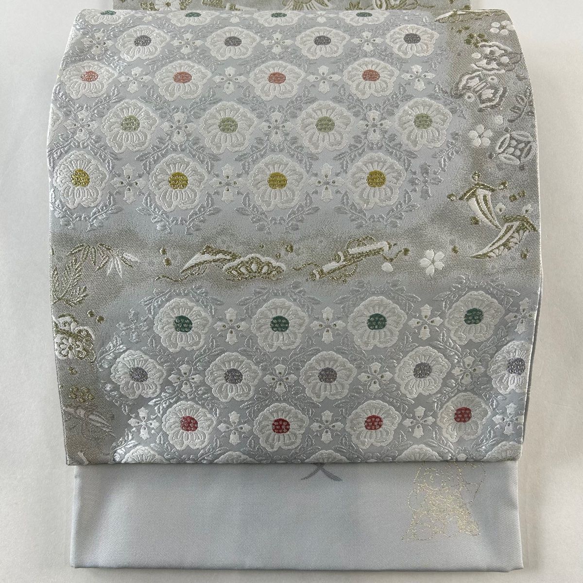 袋帯 名品 落款 証紙 林美木子監修 浜梨い有職宝尽くし文 草花 金銀糸 灰色 六通 正絹