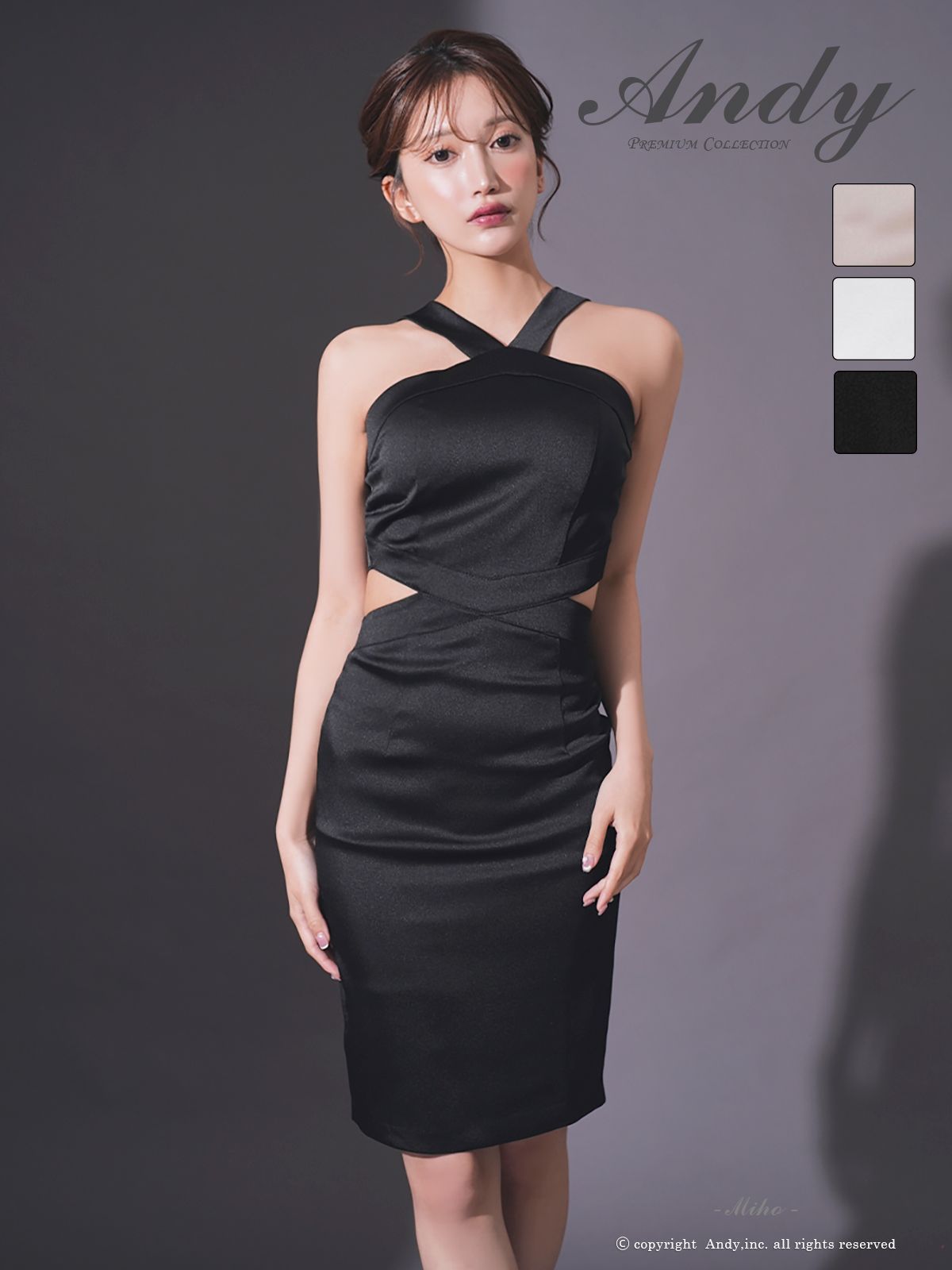 ブラック ON2986-B-2509 ANDY|アンディ サテン| ホルターネック| ウエストカット| タイト| 膝丈| ミディアムドレス| キャバドレス | ナイトドレス