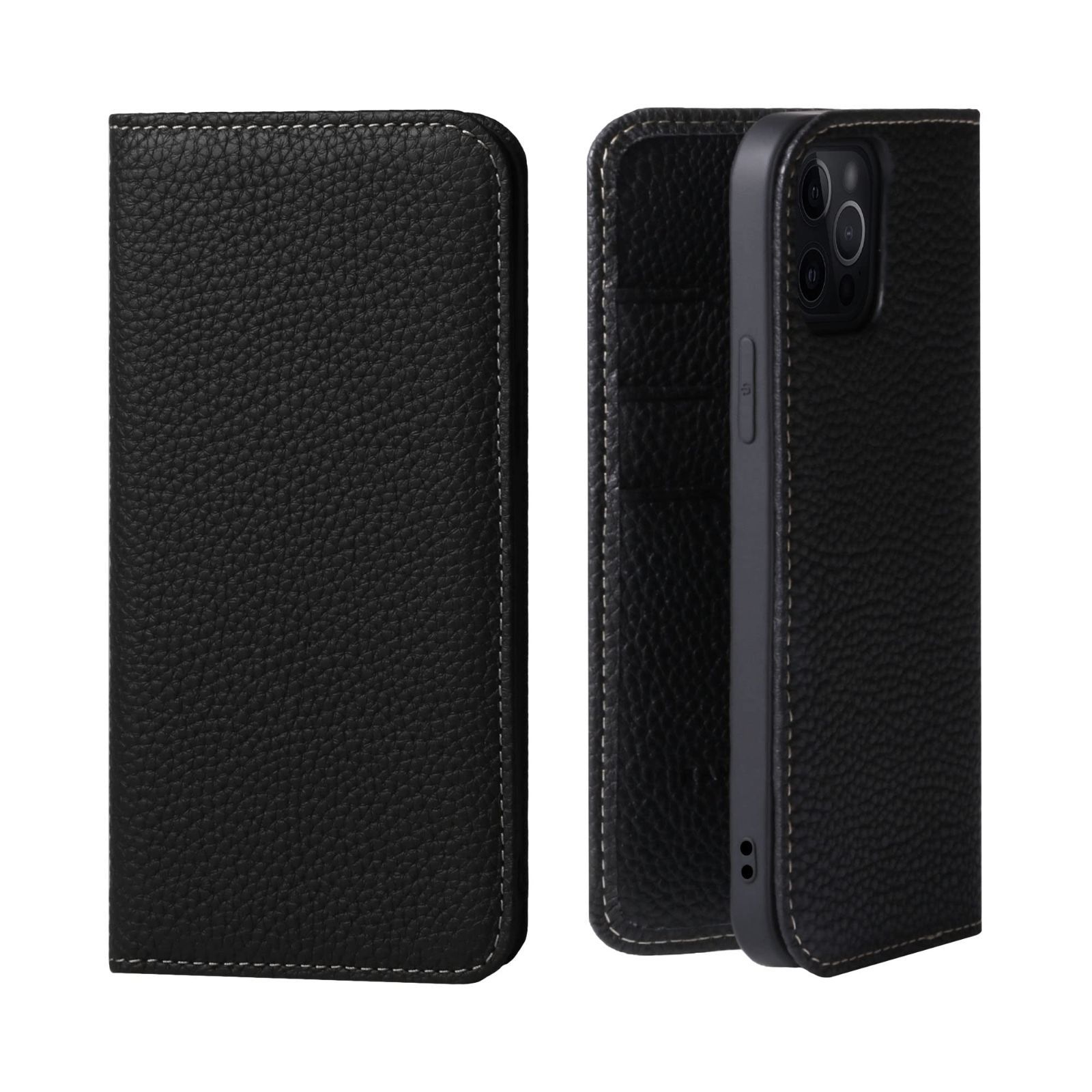【在庫セール】スマホ スマホケース スタンド コードホルダー 本革 付き 手帳型 シュリンクカーフレザー ケース ギフト マグネットなし iPhone15Pro ブラック HANATORA PH-15Pro-Black