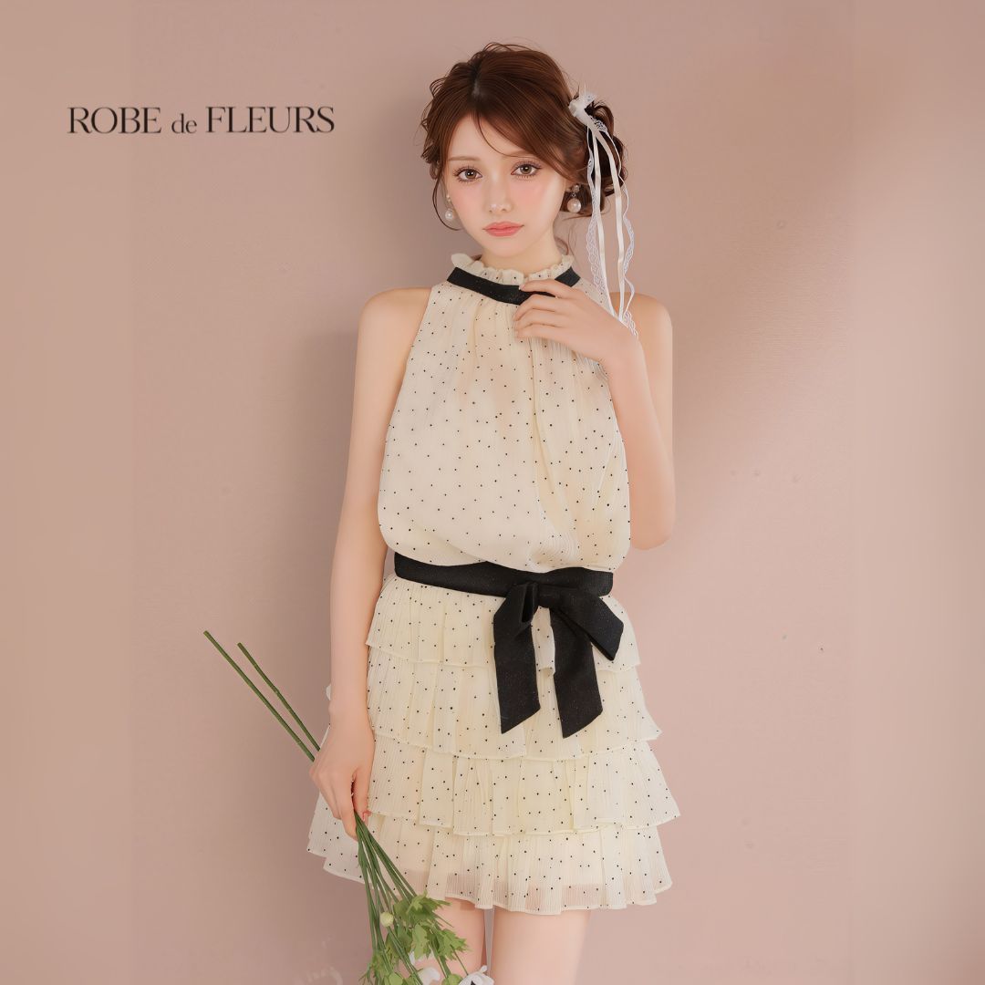ROBE de FLEURS ローブドフルール fm3396 ドットオーガンジーウエストリボンティアードフ ミニキャバドレス Ivory