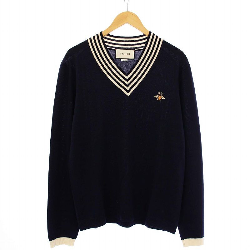 グッチ GUCCI 19AW BEE刺繍 Vネック ニット セーター 長袖 L ネイビー 