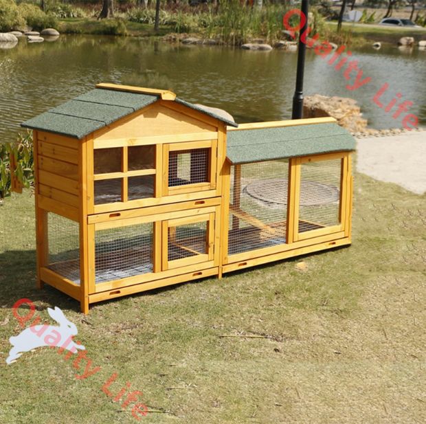 屋外用ウサギ小屋 傾斜ランとトレイ付きの2階建てウサギケージ 鶏やモルモットのペット用の大型木製ウサギ小屋