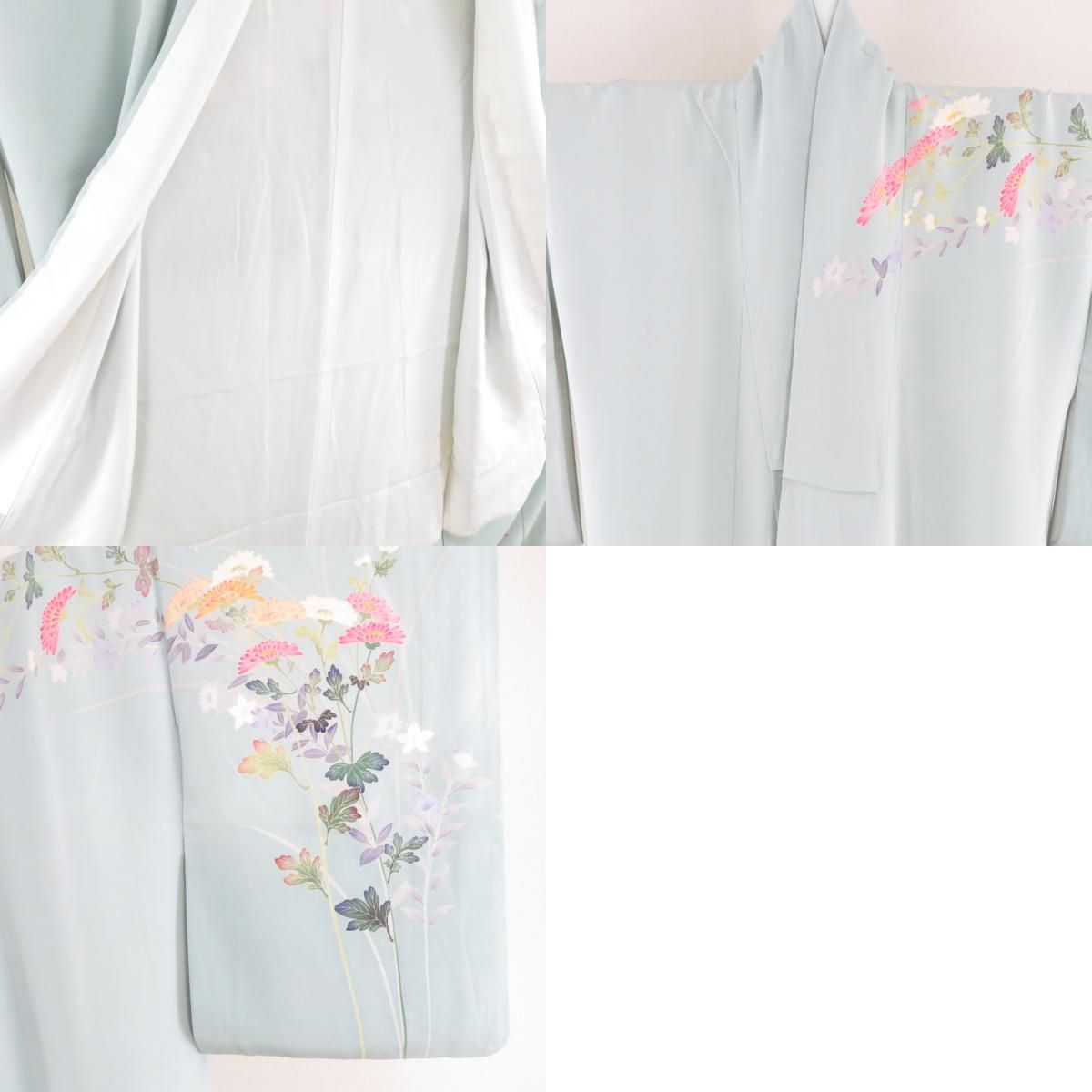 本加賀友禅 訪問着 白坂幸蔵 秋草に菊文様 薄緑色 作家物 落款入 正絹