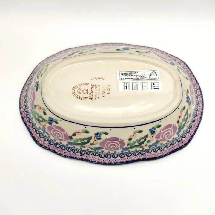 バスケット 楕円型のウェーブボウル 黄色とピンクのバラ模様