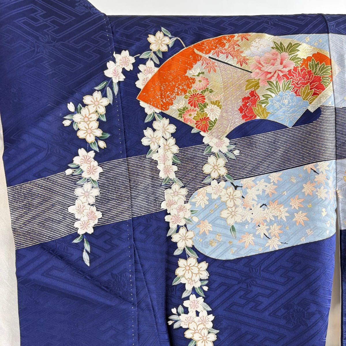 正絹 半幅帯 紺白 【♯870】 振袖 身丈164.5cm 裄丈66cm M 袷 袋帯フルセット 扇面 桜 金糸