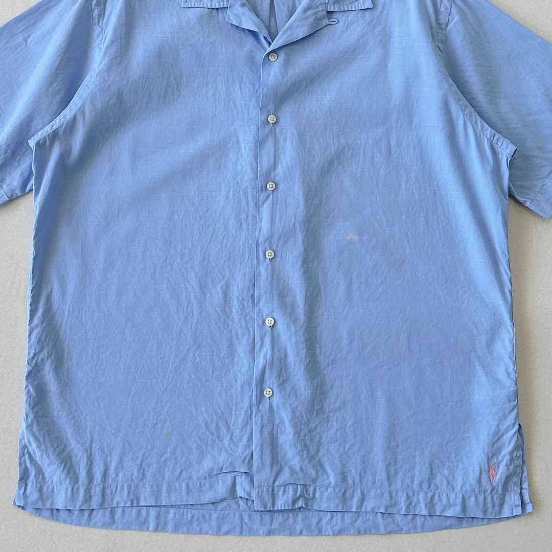 90s ラルフローレン オープンカラーシャツ リネン混 裾ポニー 刺繍ロゴ 