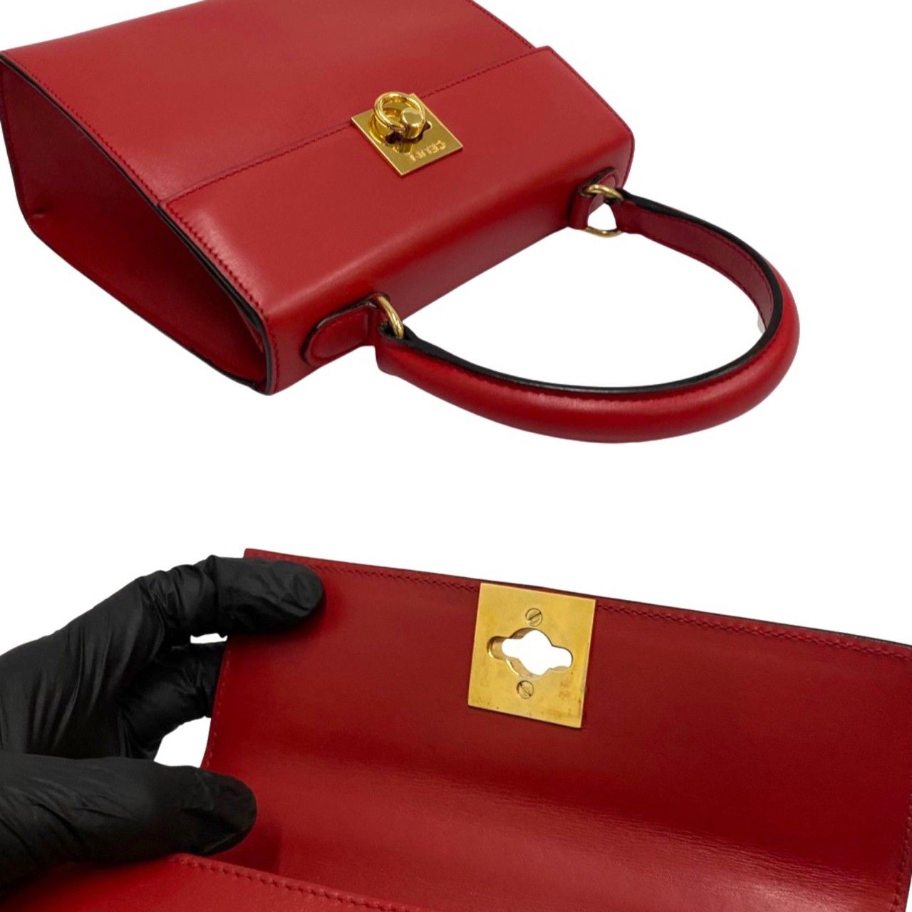 極 美品 CELINE セリーヌ ヴィンテージ リング ロゴ 金具 レザー 本革