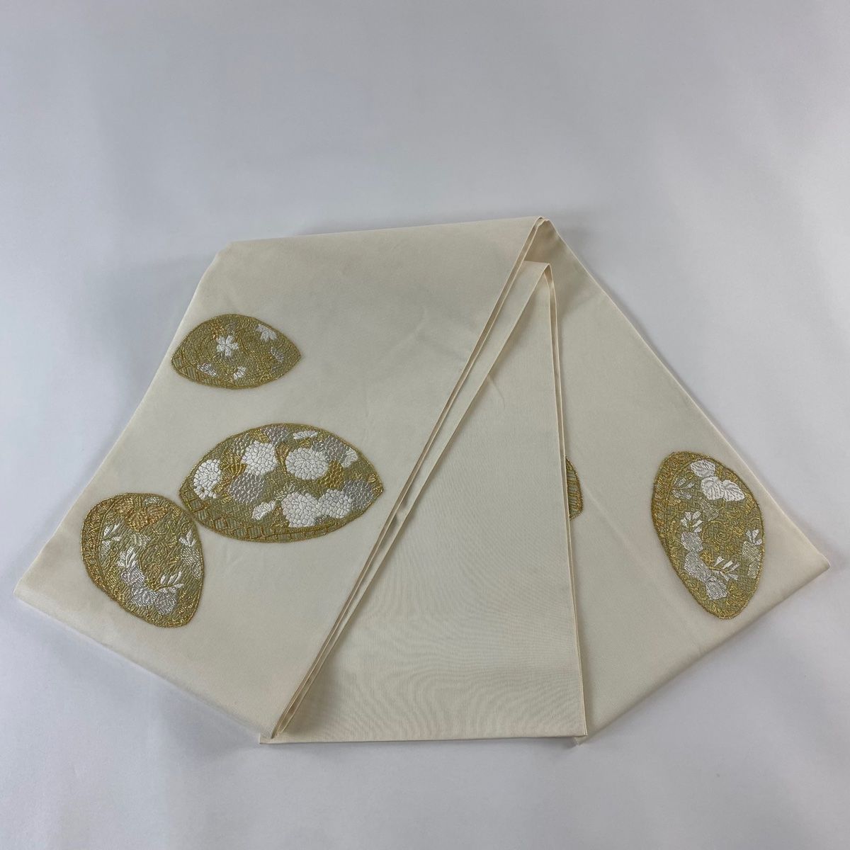 袋帯 秀品 夏帯 菊唐草 桜 刺繍 金銀糸 クリーム お太鼓柄 正絹