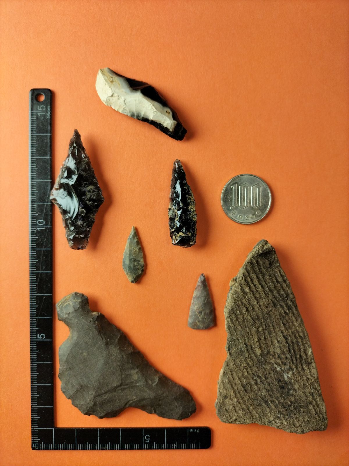 石器セット(出土品)石篦、石ナイフ、石匙の3点！全て硬質頁岩(