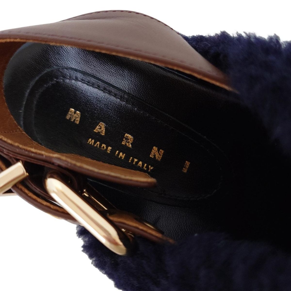 MARNI マルニ サンダル 36 レディース - ネイビー×ダークブラウン レザー ムートン KIN-KAAI_COM