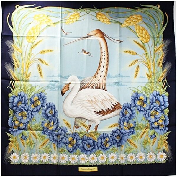 サルバトーレフェラガモ シルク スカーフ 鳥 花柄 ネイビー×ライト