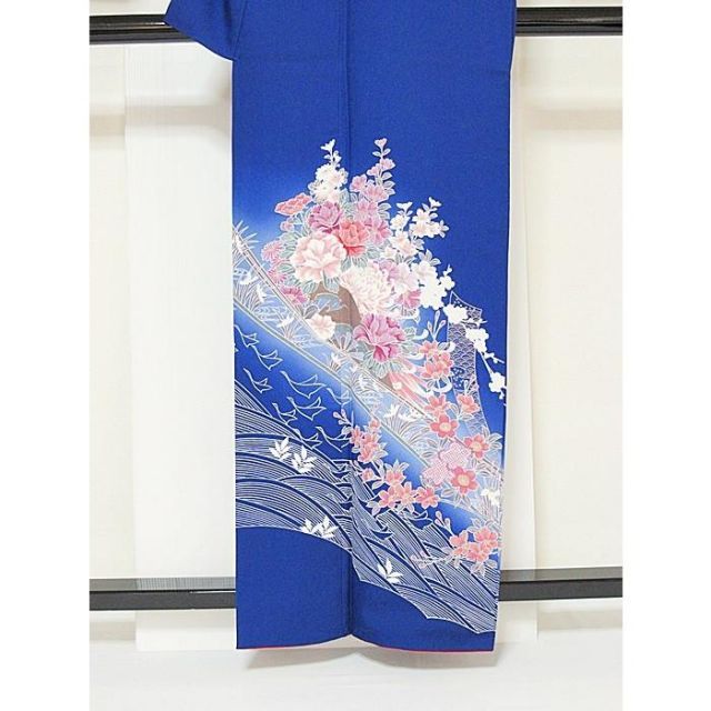 附下げ】袷着物 綸子／熨斗 波に吉祥花文／160cm前後ベスト☆ブルー 
