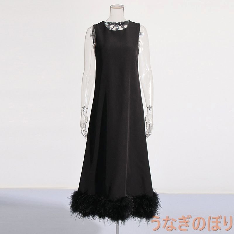 パーティードレス 20代 30代 40代 無地 ワンピース おしゃれ フォーマル お呼ばれ フェザー ロング ホワイト ブラック 0484