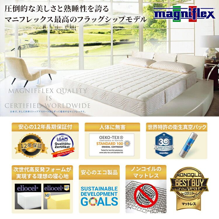 マニフレックス フラッグFX クィーン 正規店 保証付 ベッドマットレス 12年保証 長期保証 イタリア製 厚み22cm エリオセルMF 高反発