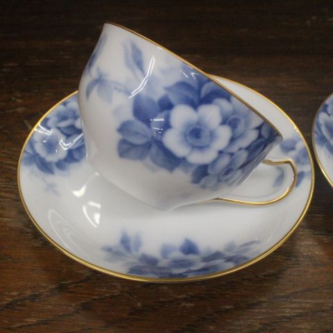 未使用 大倉陶園 ブルーフラワー ペア カップ ソーサー 染付 金彩